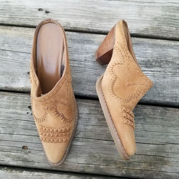 Vintage 90s y2k Camel Tan Suede Boho Western Cowgirl Whipstitch Heeled Mules 6.5 - Picture 1 of 10